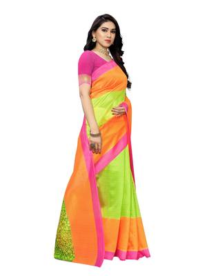 Lime Printed Bhagalpuri Silk Saree With Blouse 3