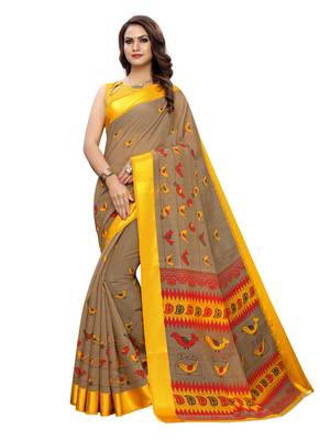 Yellow Printed Bhagalpuri Silk Saree With Blouse 1