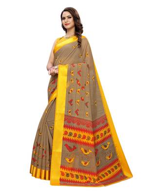 Yellow Printed Bhagalpuri Silk Saree With Blouse 2