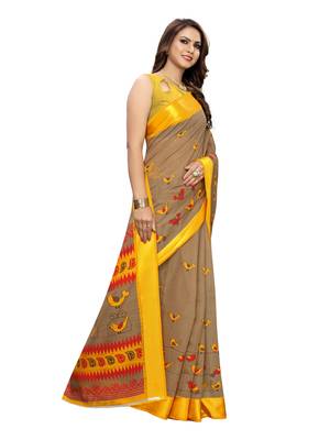 Yellow Printed Bhagalpuri Silk Saree With Blouse 3