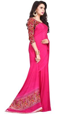 Pink printed georgette saree with blouse 5