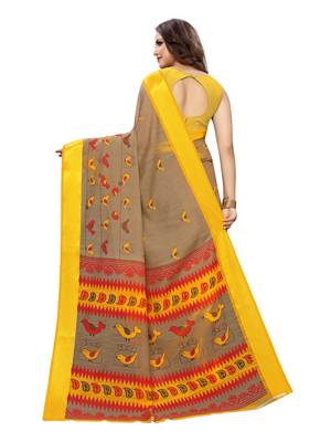 Yellow Printed Bhagalpuri Silk Saree With Blouse 4