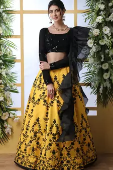 Desiring Yellow Thread With Sequence Embroidered Art Silk Semi Stitched Bridal Lehenga