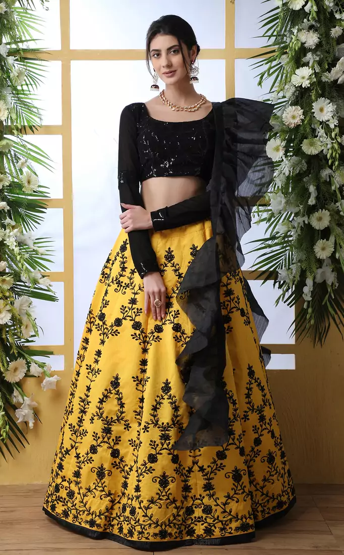 Desiring Yellow Thread With Sequence Embroidered Art Silk Semi Stitched Bridal Lehenga