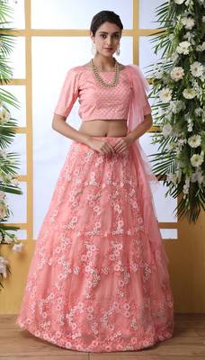 Peach Embroidered Net Semi Stitched Bridal Lehenga 1