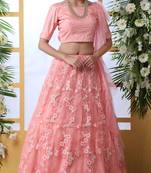 Peach Embroidered Net Semi Stitched Bridal Lehenga
