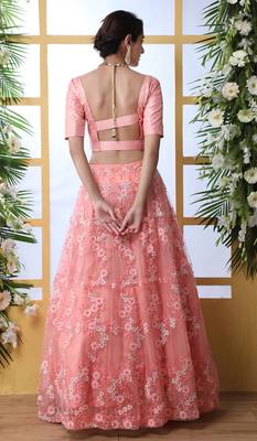 Peach Embroidered Net Semi Stitched Bridal Lehenga 2