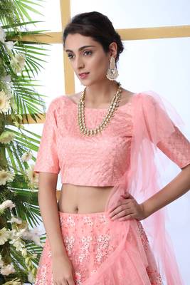 Peach Embroidered Net Semi Stitched Bridal Lehenga 3