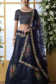 Elegent Navy Blue Coding Embroidered Art Silk Semi Stitched Bridal Lehenga