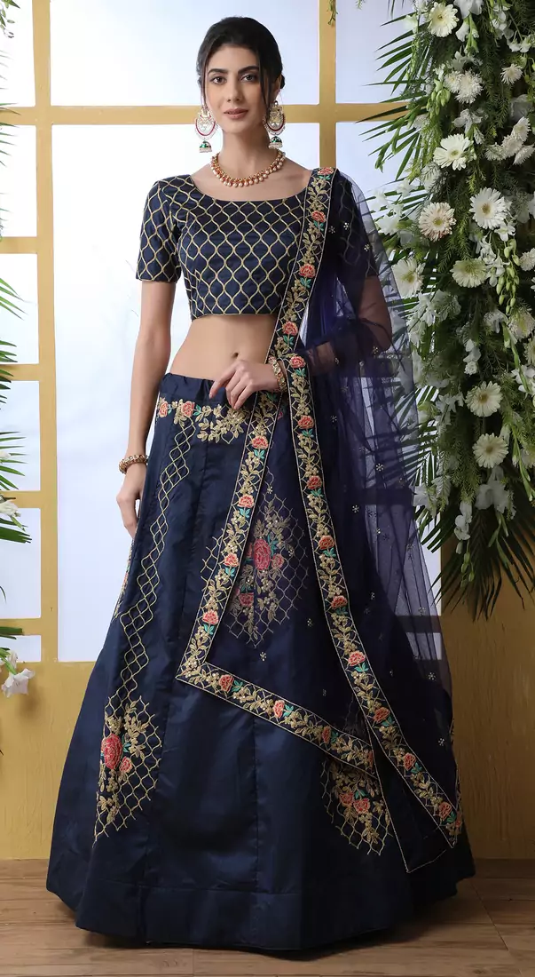 Elegent Navy Blue Coding Embroidered Art Silk Semi Stitched Bridal Lehenga
