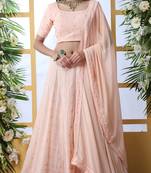 Peach Thread With Sequence Embroidered And Pearl Stone Pasting Georgette Semi Stitched Bridal Lehenga