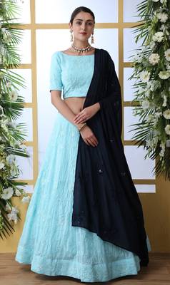 Sky Blue Thread With Sequence Embroidered Georgette Semi Stitched Bridal Lehenga 1