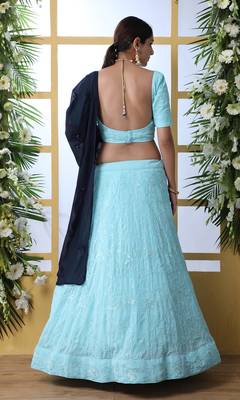 Sky Blue Thread With Sequence Embroidered Georgette Semi Stitched Bridal Lehenga 2