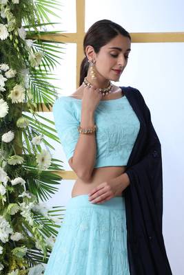 Sky Blue Thread With Sequence Embroidered Georgette Semi Stitched Bridal Lehenga 3