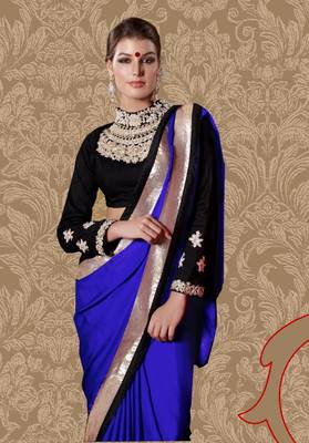 Blue hand woven faux georgette saree with blouse 1