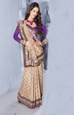 Beige embroidered dupion silk saree with blouse 1