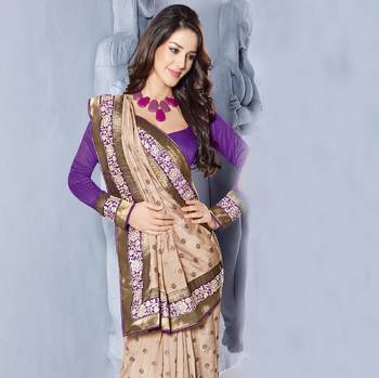 Beige embroidered dupion silk saree with blouse 2