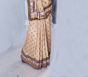 Beige embroidered dupion silk saree with blouse 3