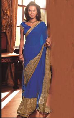 Blue embroidered georgette saree with blouse 1