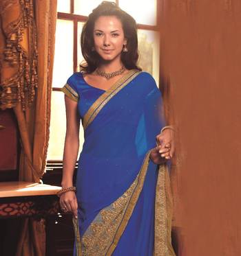Blue embroidered georgette saree with blouse 2