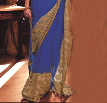 Blue embroidered georgette saree with blouse 3
