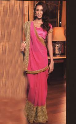 Pink embroidered georgette saree with blouse 1