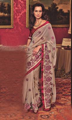 Beige embroidered georgette saree with blouse 1