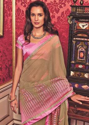 Beige hand woven georgette saree with blouse 1