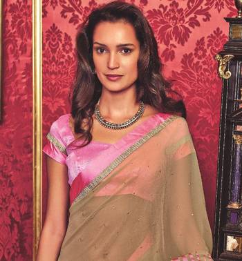 Beige hand woven georgette saree with blouse 2