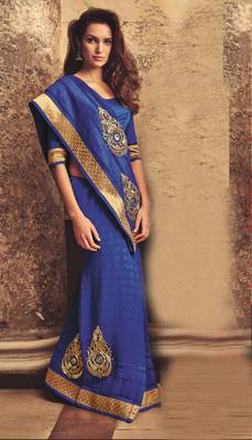 Blue embroidered crepe saree with blouse 1
