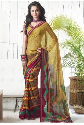 Mustard printed chiffon saree with blouse 1