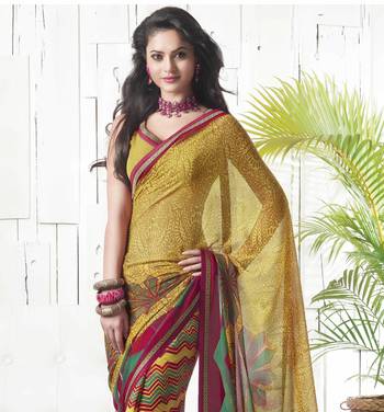 Mustard printed chiffon saree with blouse 2