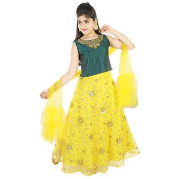Green And Yellow Sequence Embroidery Net Lehenga Choli 1