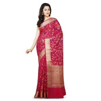 Rani Pink Woman Mercerize Cotton Silk Banarasi Saree 1
