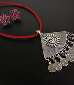 Red Tassle Ganpati Pendant Set With Kundan Earring