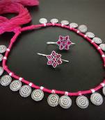 Pink Tassle Coin Interlaced Set With Kundan Earring