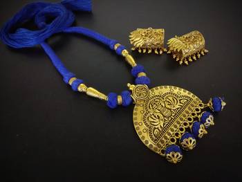 Blue Tassle Golden Pendant Set With Golden Jhumka 1
