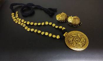 Black Tassle Golden Tone Round Pendant With Black Pearl Jhumka 1
