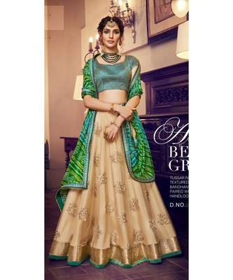 Tussar Color Net Lehenga With Green Handloom Choli And Green Bandhani Colour Georgette Dupatta 3