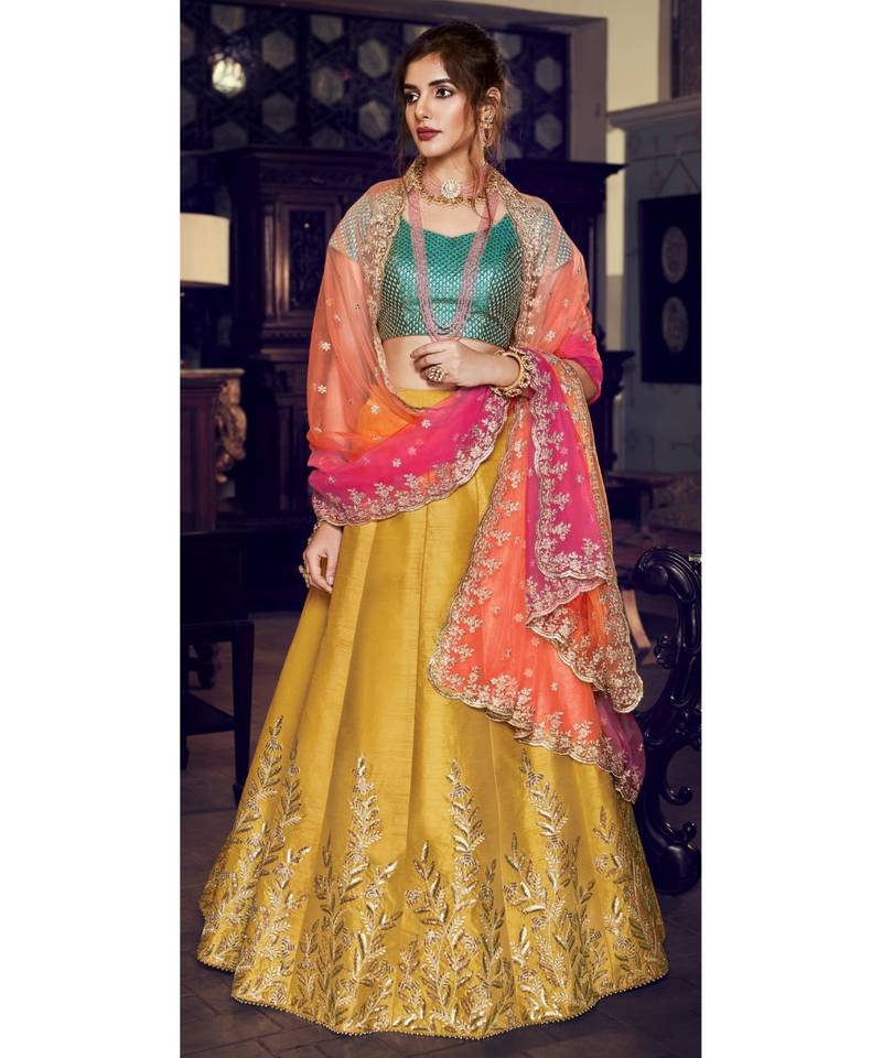Mustard Colour Handloom Silk Lehenga With Green Colour Handloom Silk