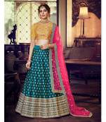 Peacock Blue Colour Satin Silk Lehenga With Mustard Colour Handloom Silk Choli And Pink Colour Net Dupatta
