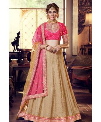 Tussar Color Georgette Lehenga With Pink Colour Handloom Silk Choli And Pink Shaded Colour Net Dupatta 1