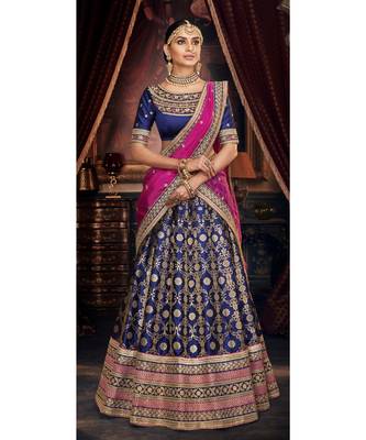 Blue Colour Jacquard Lehenga With Blue Colour Silk Choli And Rani Colour Organza Dupatta 1