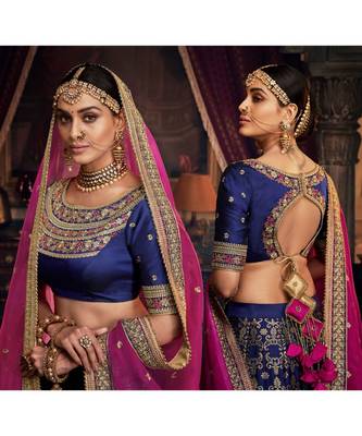 Blue Colour Jacquard Lehenga With Blue Colour Silk Choli And Rani Colour Organza Dupatta 2