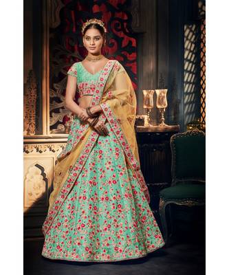 Sky Blue Colour Handloom  Silk Lehenga Choli With Mustard Colour Net Dupatta 1