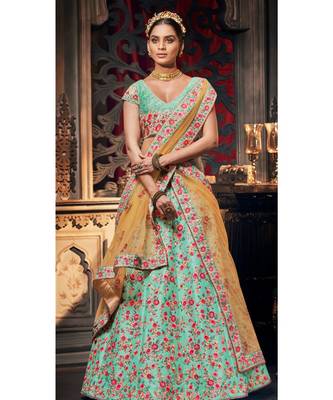 Sky Blue Colour Handloom  Silk Lehenga Choli With Mustard Colour Net Dupatta 2