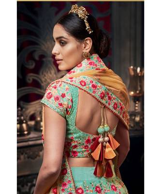 Sky Blue Colour Handloom  Silk Lehenga Choli With Mustard Colour Net Dupatta 3