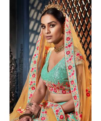 Sky Blue Colour Handloom  Silk Lehenga Choli With Mustard Colour Net Dupatta 4