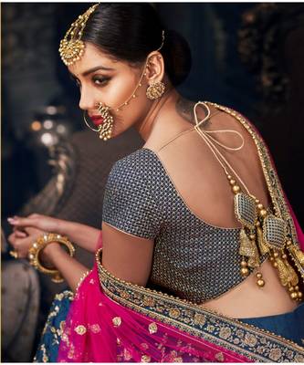 Peacock Blue Colour Handloom Silk Lehenga Choli With Pink Colour Net Dupatta 2