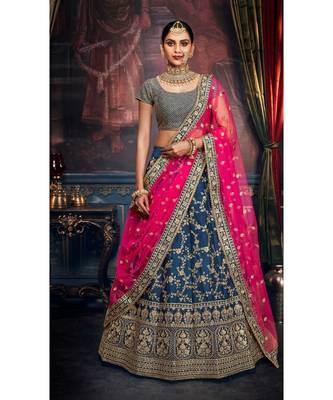 Peacock Blue Colour Handloom Silk Lehenga Choli With Pink Colour Net Dupatta 1